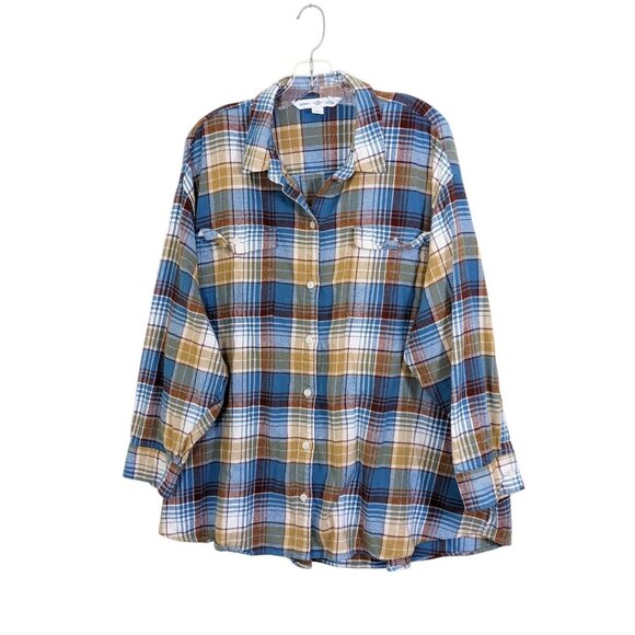 Old Navy The Boyfriend Shirt Flannel Plus 3X Burgundy Blue Plaid Button Up Soft - Picture 2 of 5